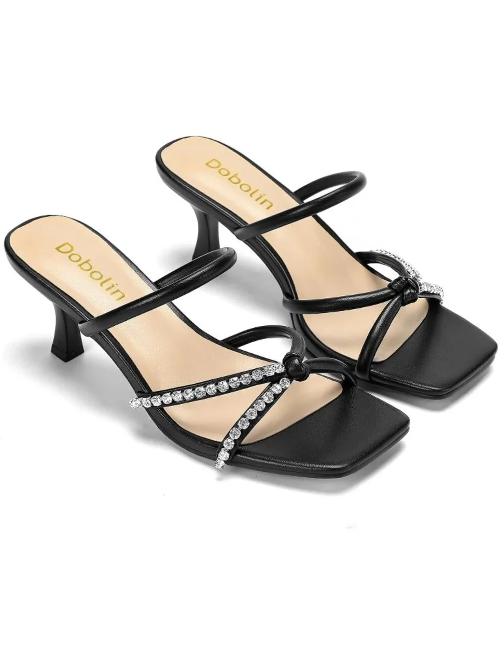 Women's Black Summer Comfortable Open Toe Strappy Slides Kitten Heeled Sandals